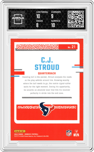 C.J. Stroud from the 2023 Panini Donruss set graded by Arena Club and given an overall grade of 8.5.
