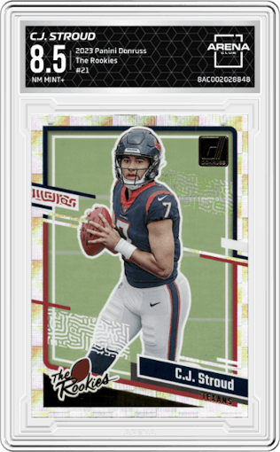 C.J. Stroud from the 2023 Panini Donruss set graded by Arena Club and given an overall grade of 8.5.