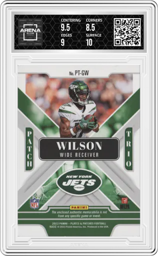 Garrett Wilson from the 2023 Panini Plates & Patches set featuring a  Gold parallel graded by Arena Club and given an overall grade of 9.