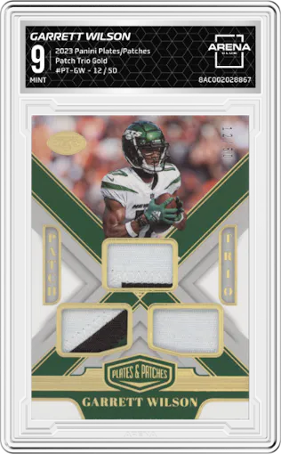 Garrett Wilson from the 2023 Panini Plates & Patches set featuring a  Gold parallel graded by Arena Club and given an overall grade of 9.