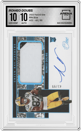 Romeo Doubs from the 2022 Panini One set featuring a Blue parallel graded by Arena Club and given an overall grade of 10.