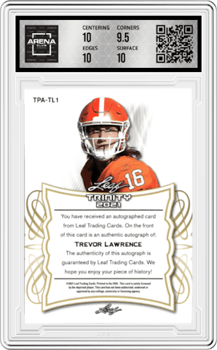Trevor Lawrence from the 2021 Leaf Trinity set featuring a Platinum Spectrum Holo parallel graded by Arena Club and given an overall grade of 10.