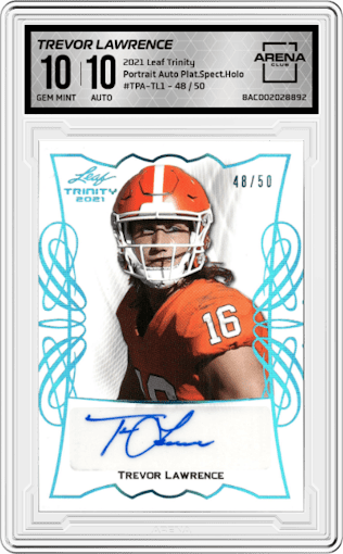 Trevor Lawrence from the 2021 Leaf Trinity set featuring a Platinum Spectrum Holo parallel graded by Arena Club and given an overall grade of 10.