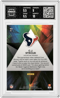 C.J. Stroud from the 2023 Panini Prizm set graded by Arena Club and given an overall grade of 9.5.
