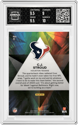 C.J. Stroud from the 2023 Panini Prizm set graded by Arena Club and given an overall grade of 9.5.