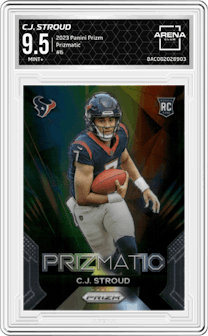 C.J. Stroud from the 2023 Panini Prizm set graded by Arena Club and given an overall grade of 9.5.