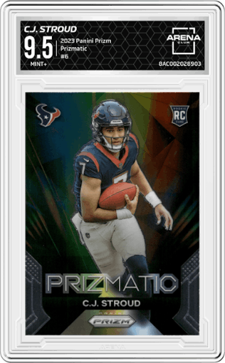 C.J. Stroud from the 2023 Panini Prizm set graded by Arena Club and given an overall grade of 9.5.
