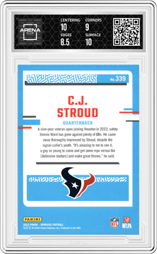 C.J. Stroud from the 2023 Panini Donruss set graded by Arena Club and given an overall grade of 9.