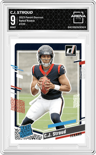 C.J. Stroud from the 2023 Panini Donruss set graded by Arena Club and given an overall grade of 9.