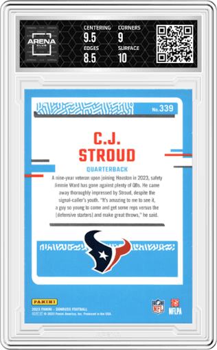 C.J. Stroud from the 2023 Panini Donruss set graded by Arena Club and given an overall grade of 9.