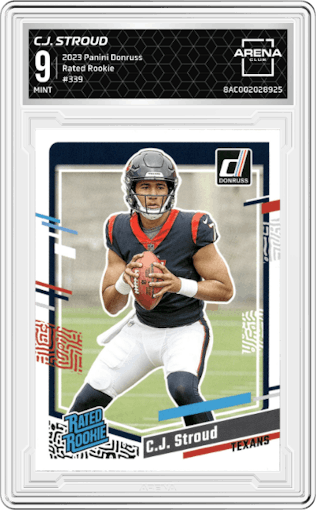 C.J. Stroud from the 2023 Panini Donruss set graded by Arena Club and given an overall grade of 9.