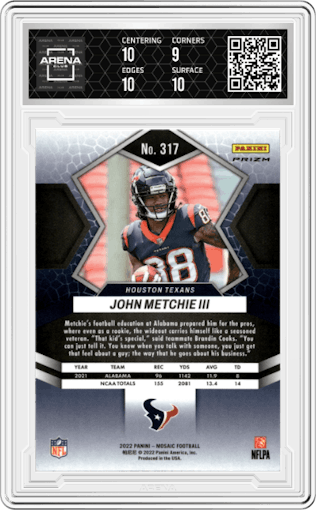 John Metchie III from the 2022 Panini Mosaic set featuring a Mosaic parallel graded by Arena Club and given an overall grade of 9.5.