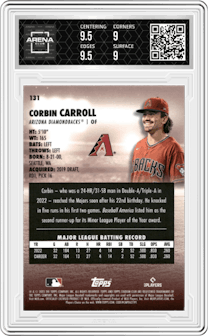 Corbin Carroll from the 2023 Topps Stadium Club set graded by Arena Club and given an overall grade of 9.5.