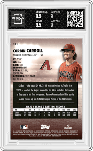 Corbin Carroll from the 2023 Topps Stadium Club set graded by Arena Club and given an overall grade of 9.5.