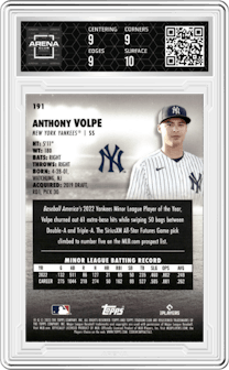 Anthony Volpe from the 2023 Topps Stadium Club set graded by Arena Club and given an overall grade of 9.5.