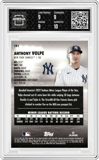 Anthony Volpe from the 2023 Topps Stadium Club set graded by Arena Club and given an overall grade of 9.5.