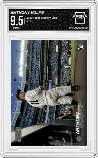 Anthony Volpe from the 2023 Topps Stadium Club set graded by Arena Club and given an overall grade of 9.5.