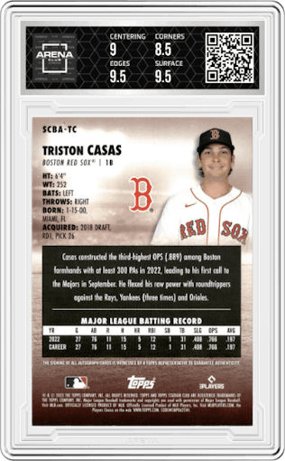 Triston Casas from the 2023 Topps Stadium Club set graded by Arena Club and given an overall grade of 9.