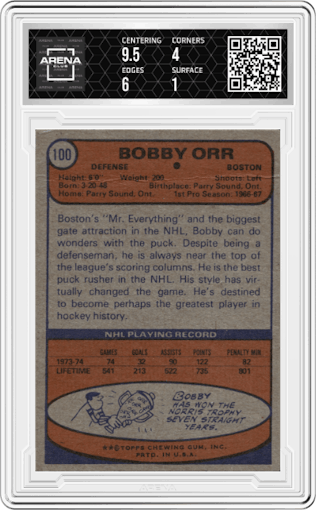 Bobby Orr from the 1974-75 Topps set graded by Arena Club.