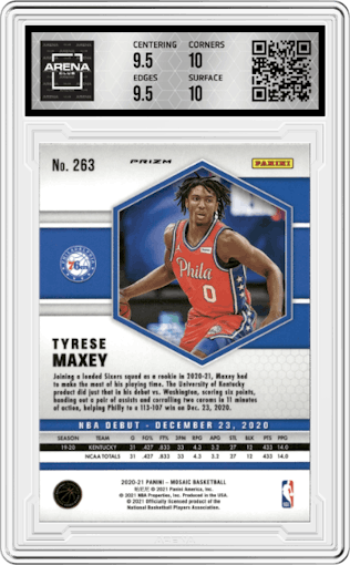 Tyrese Maxey from the 2020-21 Panini Mosaic set featuring a Green Mosaic parallel graded by Arena Club and given an overall grade of 10.
