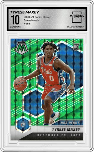Tyrese Maxey from the 2020-21 Panini Mosaic set featuring a Green Mosaic parallel graded by Arena Club and given an overall grade of 10.
