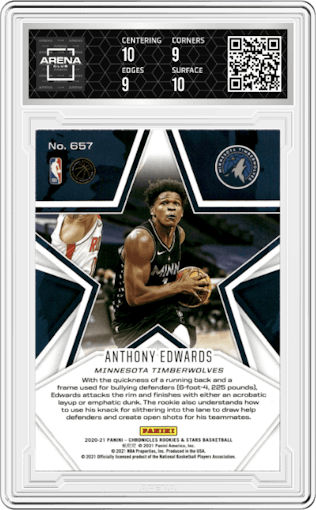 Anthony Edwards from the 2020-21 Panini Chronicles set graded by Arena Club and given an overall grade of 9.5.