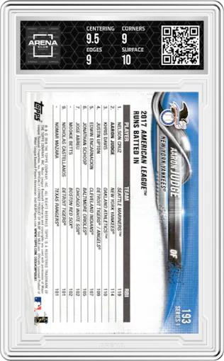 Aaron Judge from the 2018 Topps Series 1 set graded by Arena Club and given an overall grade of 9.5.