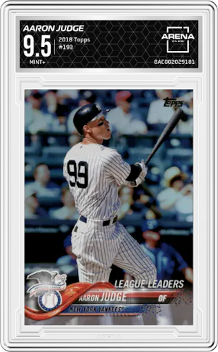 Aaron Judge from the 2018 Topps Series 1 set graded by Arena Club and given an overall grade of 9.5.