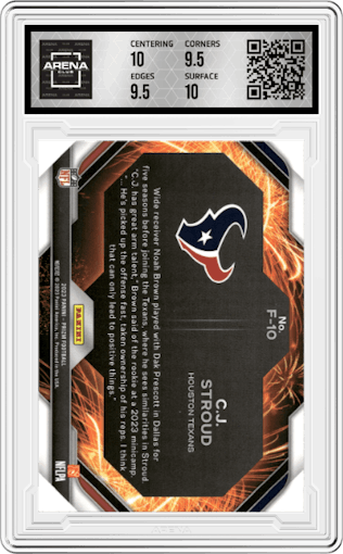 C.J. Stroud from the 2023 Panini Prizm set graded by Arena Club and given an overall grade of 10.