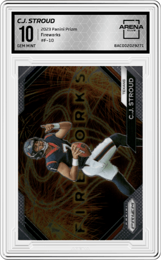 C.J. Stroud from the 2023 Panini Prizm set graded by Arena Club and given an overall grade of 10.