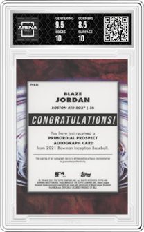 Blaze Jordan from the 2021 Bowman Inception set featuring a Gold Foil parallel graded by Arena Club and given an overall grade of 9.