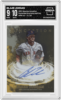 Blaze Jordan from the 2021 Bowman Inception set featuring a Gold Foil parallel graded by Arena Club and given an overall grade of 9.