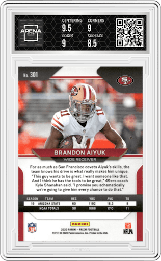 Brandon Aiyuk from the 2020 Panini Prizm set graded by Arena Club and given an overall grade of 9.