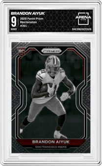 Brandon Aiyuk from the 2020 Panini Prizm set graded by Arena Club and given an overall grade of 9.