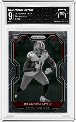 Brandon Aiyuk from the 2020 Panini Prizm set graded by Arena Club and given an overall grade of 9.