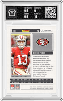 Brock Purdy from the 2022 Panini Chronicles set graded by Arena Club and given an overall grade of 9.5.