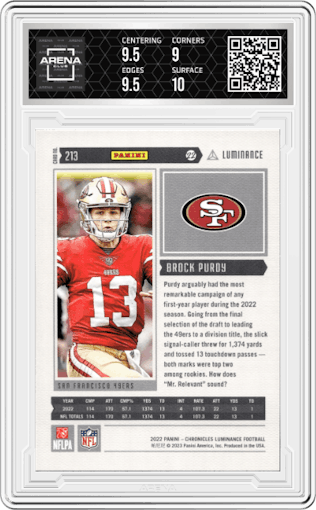 Brock Purdy from the 2022 Panini Chronicles set graded by Arena Club and given an overall grade of 9.5.