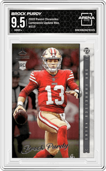 Brock Purdy from the 2022 Panini Chronicles set graded by Arena Club and given an overall grade of 9.5.