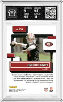 Brock Purdy from the 2022 Panini Donruss set graded by Arena Club and given an overall grade of 9.5.