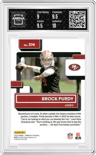 Brock Purdy from the 2022 Panini Donruss set graded by Arena Club and given an overall grade of 9.5.
