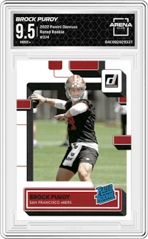 Brock Purdy from the 2022 Panini Donruss set graded by Arena Club and given an overall grade of 9.5.