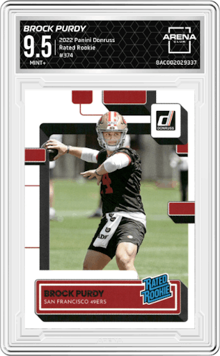 Brock Purdy from the 2022 Panini Donruss set graded by Arena Club and given an overall grade of 9.5.