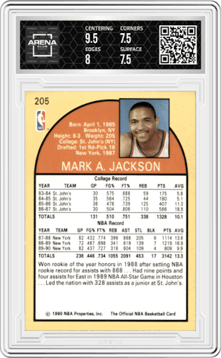 Mark Jackson from the 1990-91 NBA Hoops set graded by Arena Club and given an overall grade of 8.