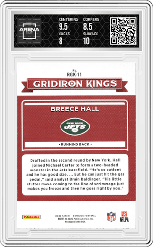 Breece Hall from the 2022 Panini Donruss set graded by Arena Club and given an overall grade of 8.5.