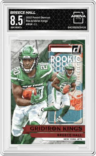 Breece Hall from the 2022 Panini Donruss set graded by Arena Club and given an overall grade of 8.5.