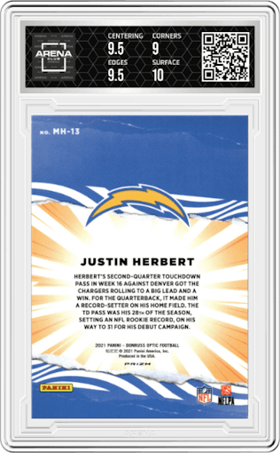 Justin Herbert from the 2021 Panini Donruss Optic set graded by Arena Club and given an overall grade of 9.5.
