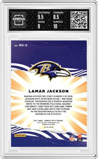  Lamar Jackson from the 2021 Panini Donruss Optic set graded by Arena Club and given an overall grade of 8.5.