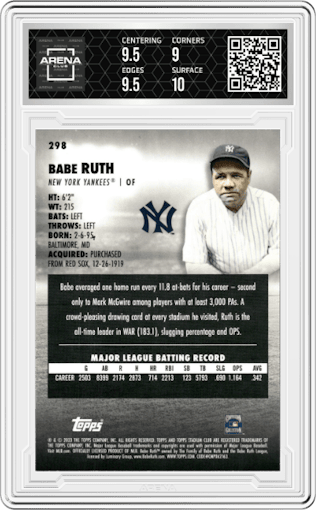 Babe Ruth from the 2023 Topps Stadium Club set graded by Arena Club and given an overall grade of 9.5.