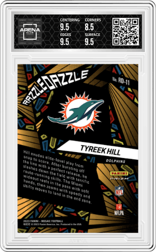 Tyreek Hill from the 2023 Panini Mosaic set graded by Arena Club and given an overall grade of 9.