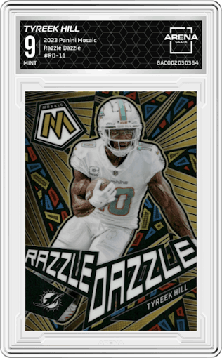 Tyreek Hill from the 2023 Panini Mosaic set graded by Arena Club and given an overall grade of 9.